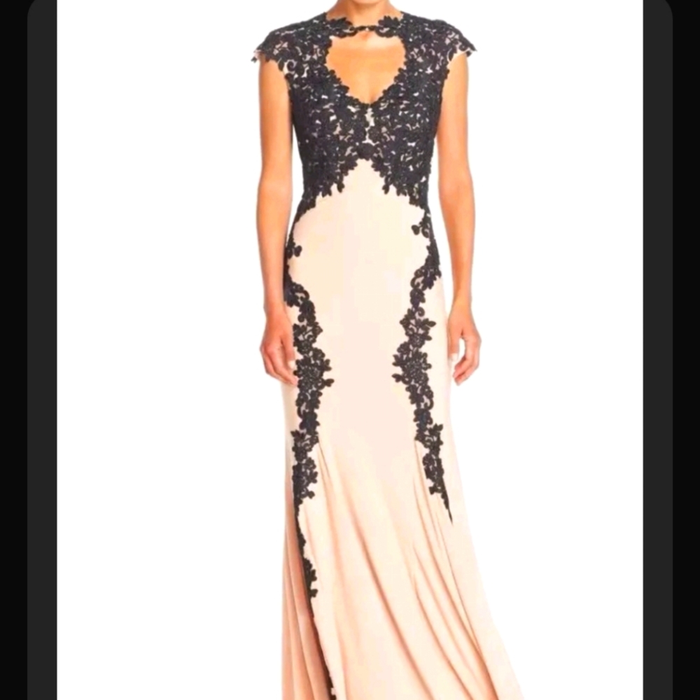 Betsy & Adam Black Nude Lace Appliqué Woven Gown Dress Size 0
